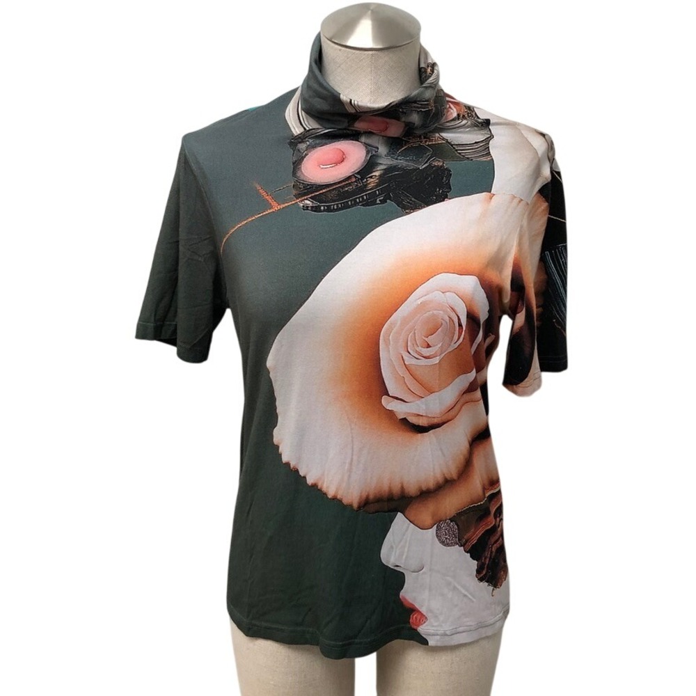 THE KIT. Mock Neck Top Womens Large L Green Multi Surrealist Rose Graphic Tee